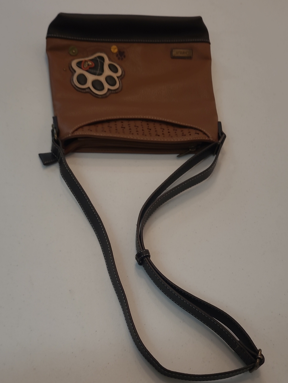 Dog Lover's Chala Paw Accent Vegan Brown/Black Crossbody Bag Adjustable Strap - Picture 12 of 16